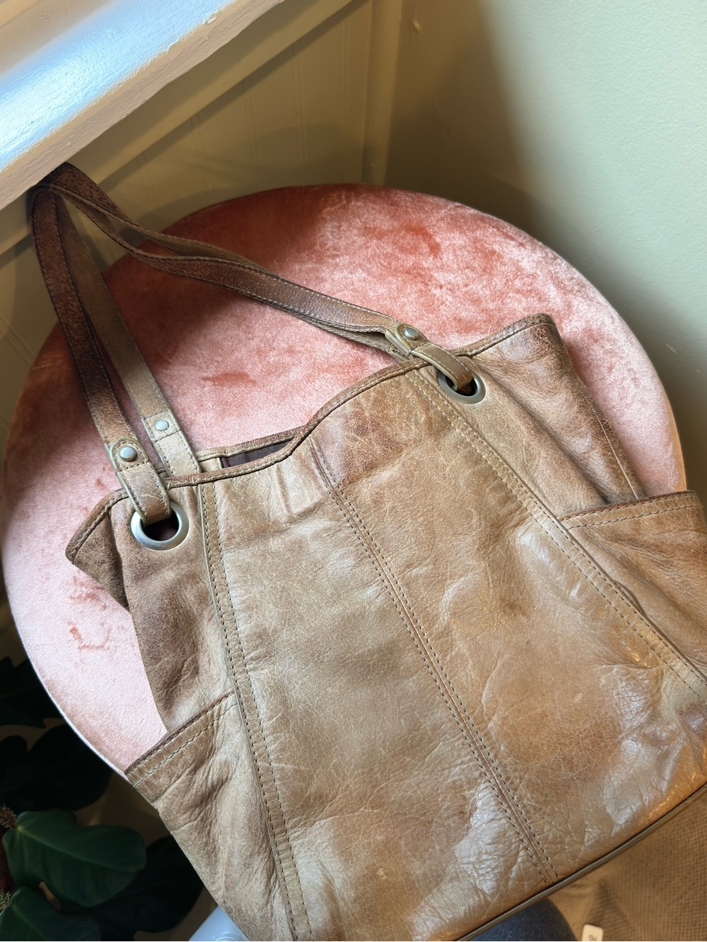Vintage Fossil Leather Tote Bag in Light Brown